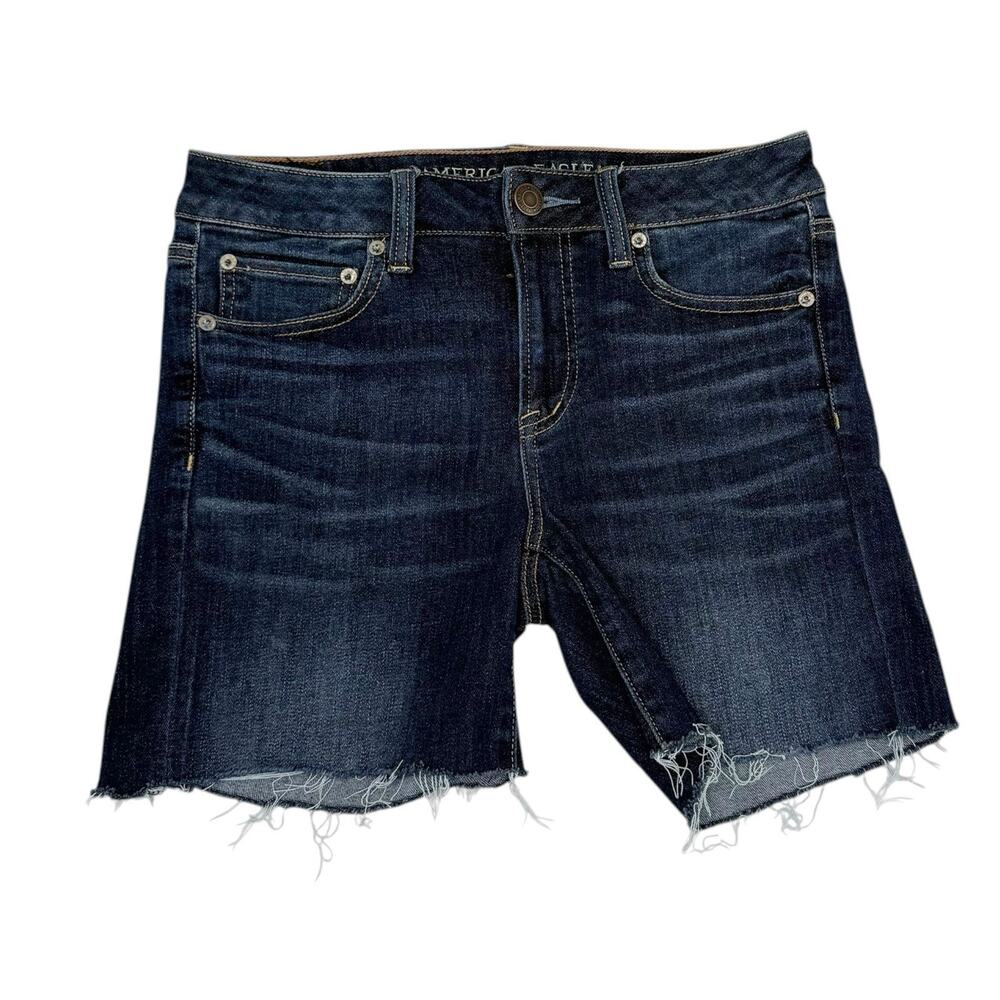 American‎ Eagle Shorts 10 Midi Dk Blue Jean Denim Super Stretch Cut Off Fray